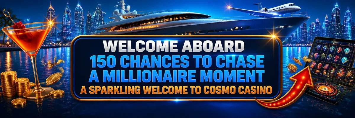 Cosmo Casino welcome banner with a blue-lit waterfront, luxury yacht, private jet, cocktail-glass logo and glowing game screens.