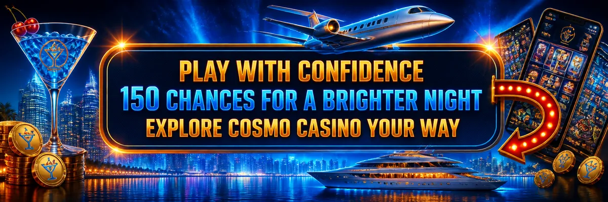 Cosmo Casino banner with a luminous framed message panel, waterfront skyline, private jet, luxury yacht and cocktail-glass logo.