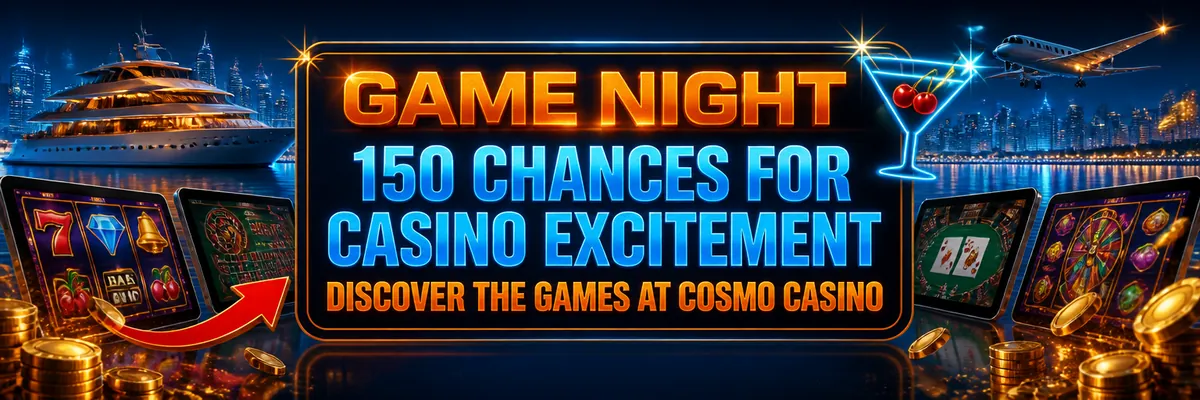 Cosmo Casino games banner featuring tilted casino-game screens, a glittering city waterfront, yacht, jet and signature cocktail-glass logo.